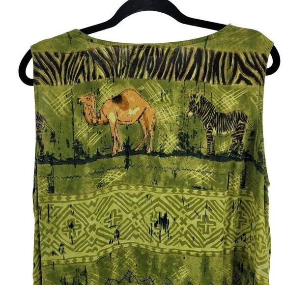 Vintage 80's La Cera Dress Rayon Scoop Button Shift Midi Safari Animals Green XL - Picture 11 of 15